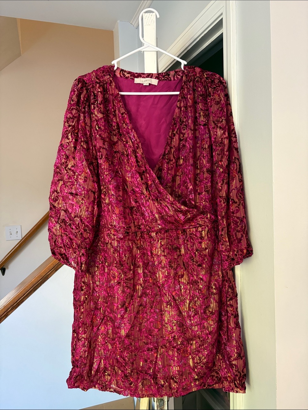 LOFT Magenta & Gold Patterned Wrap Mini Dress